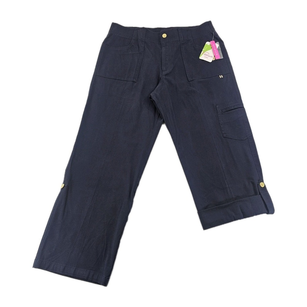 Pappagallo Convertible Roll Up Pants Womens 14P Blue Elastic Waist Pocket Casual